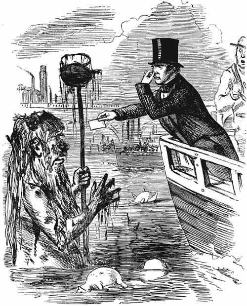 Michael Faraday and 'Old Father Thames' - Punch cartoon illustration from 1855 - from Thames Water